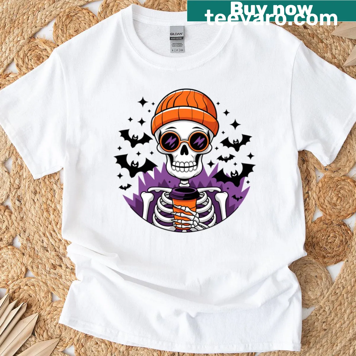 Skeleton enjoying coffee graphic on a T-shirt — on a men's t-shirt