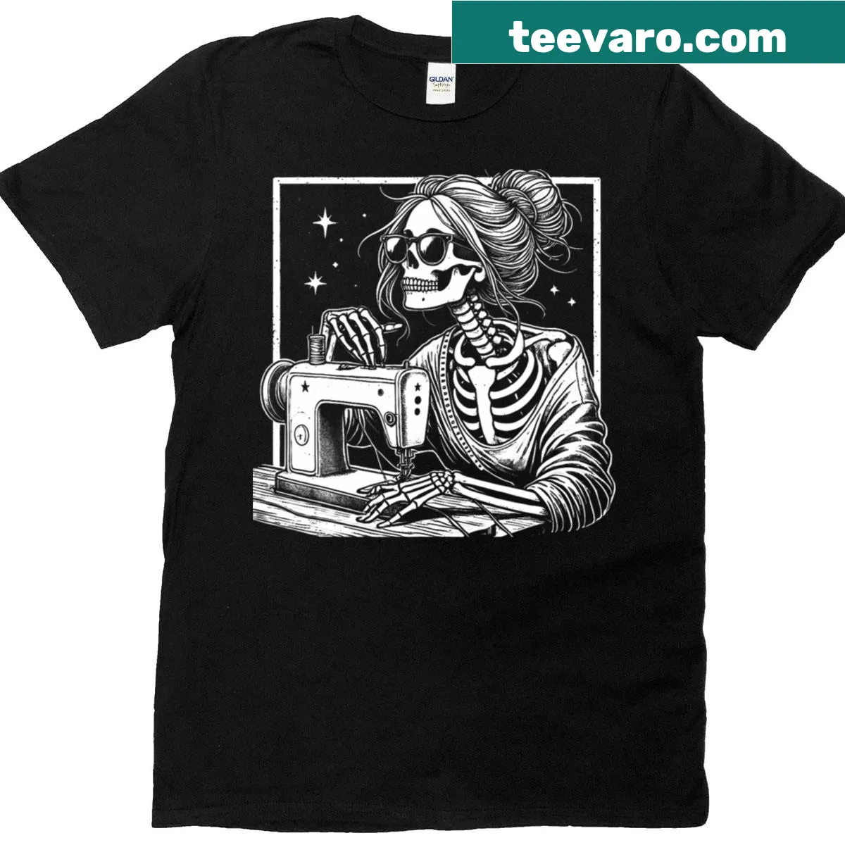 Illustrated skeleton sewing on a quilting-themed T-shirt — on a men's t-shirt