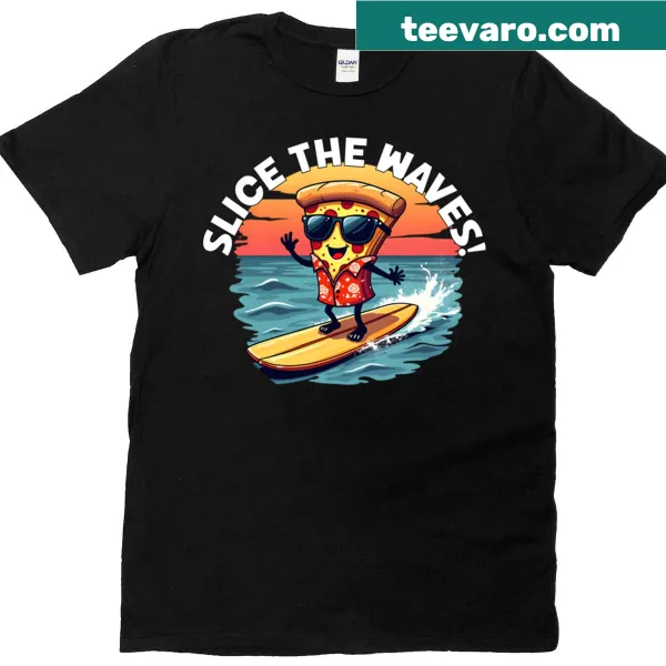 Cartoon pizza slice surfing on waves design