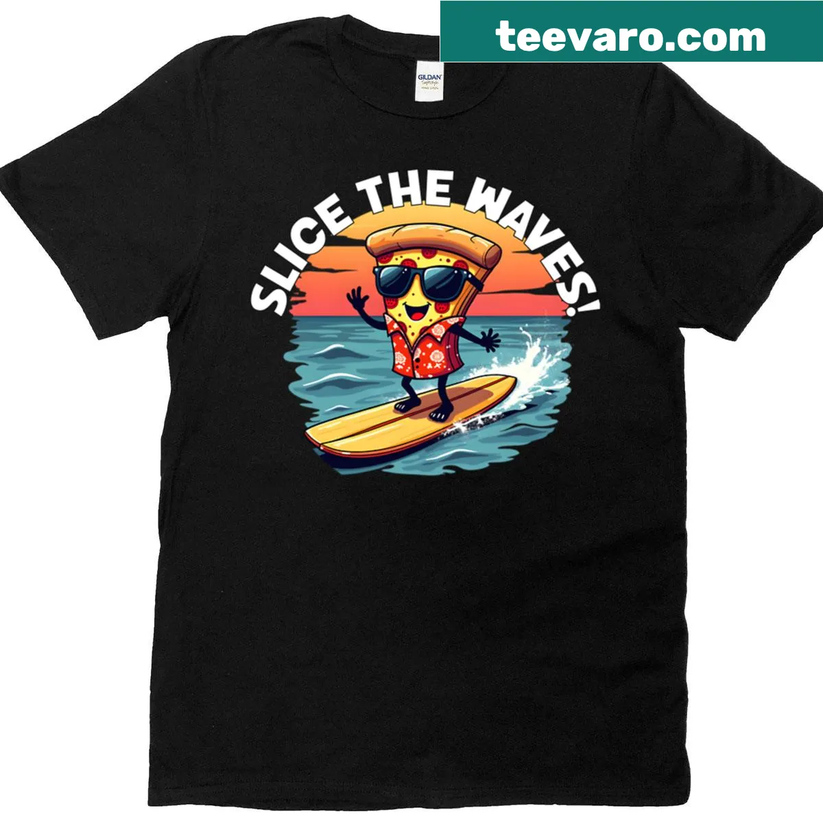 Cartoon pizza slice surfing on waves design — on a men's t-shirt