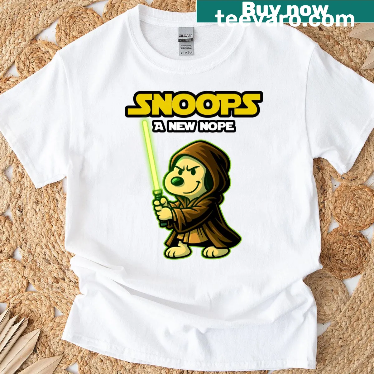 Cartoon-style graphic of Snoopi as a Jedi on a fun t-shirt. — on a men's t-shirt