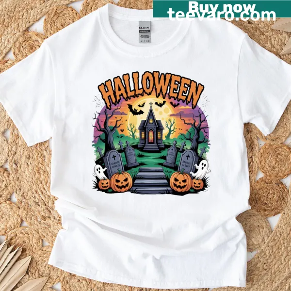 Illustration of a Halloween graveyard scene with ghosts and pumpkins