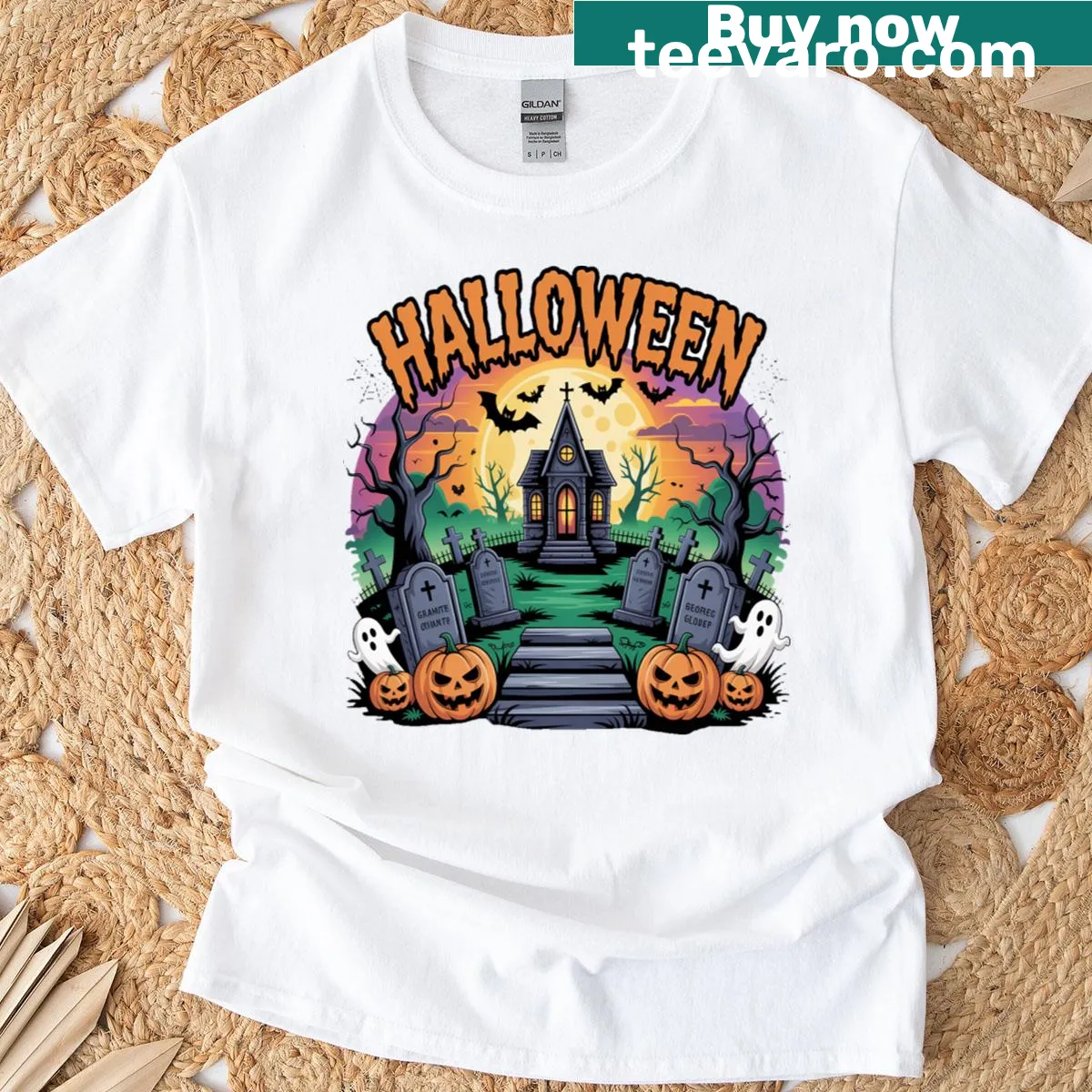 Illustration of a Halloween graveyard scene with ghosts and pumpkins — on a men's t-shirt