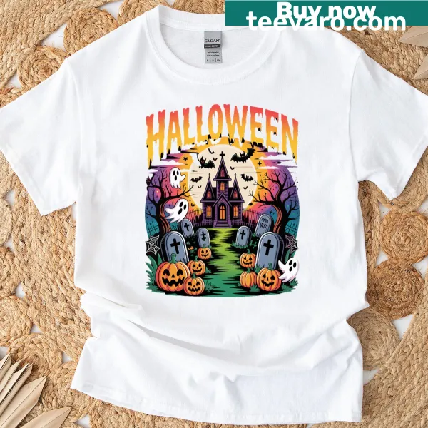 Haunted house t-shirt with ghosts and pumpkins illustration