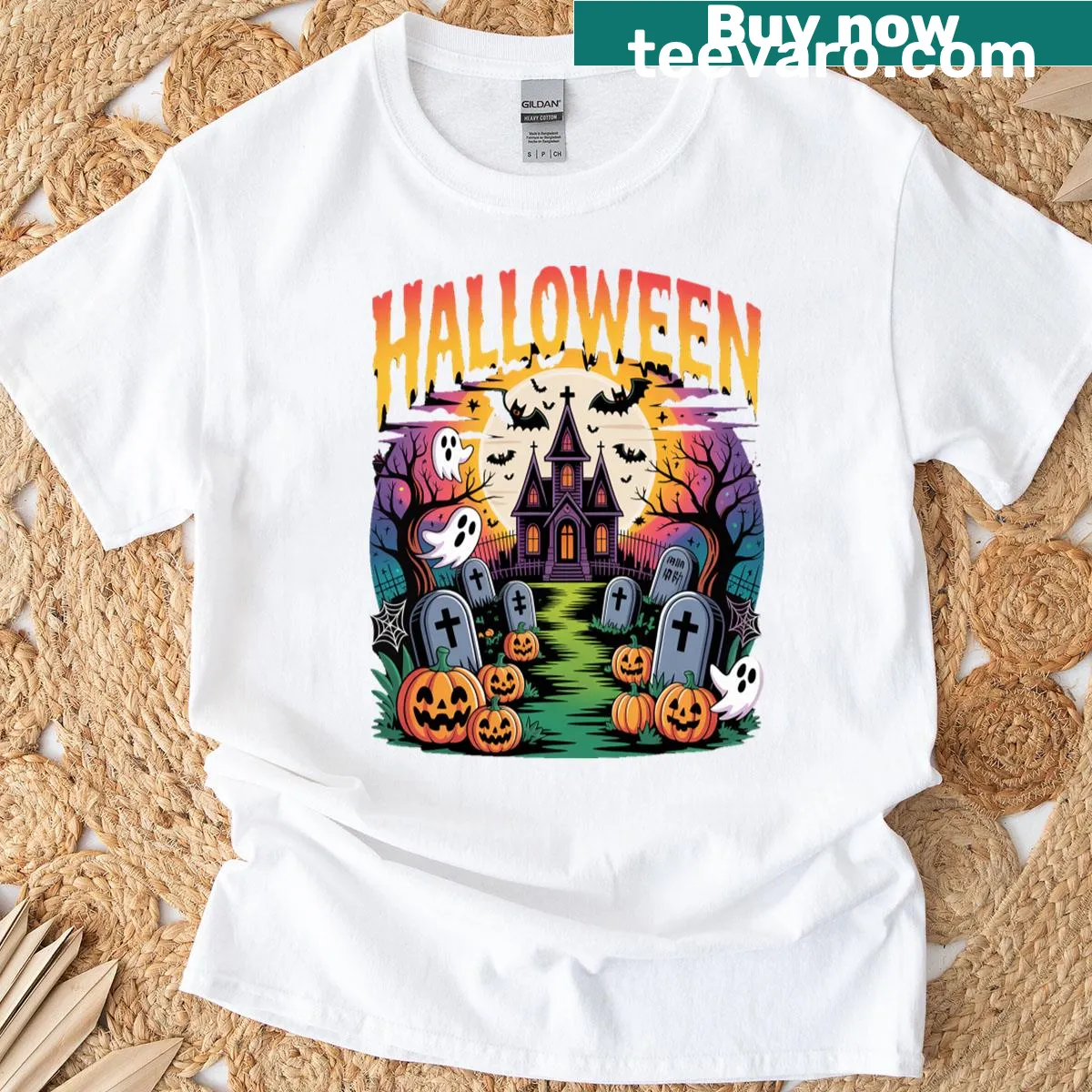 Haunted house t-shirt with ghosts and pumpkins illustration — on a men's t-shirt