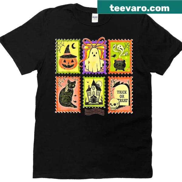 Funny Halloween t-shirt with cartoon pumpkin, witch, ghost, and black cat.