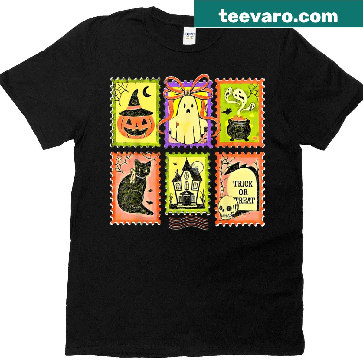 Funny Halloween t-shirt with cartoon pumpkin, witch, ghost, and black cat. — on a men's t-shirt