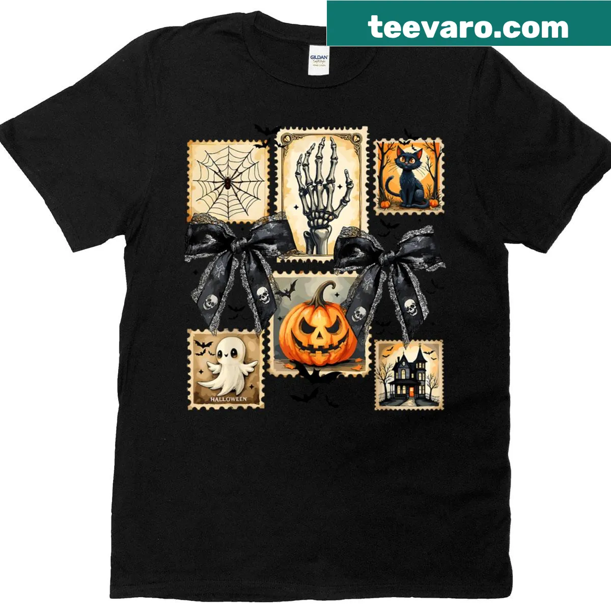 Vintage Halloween t-shirt with a ghost and pumpkin design — on a men's t-shirt