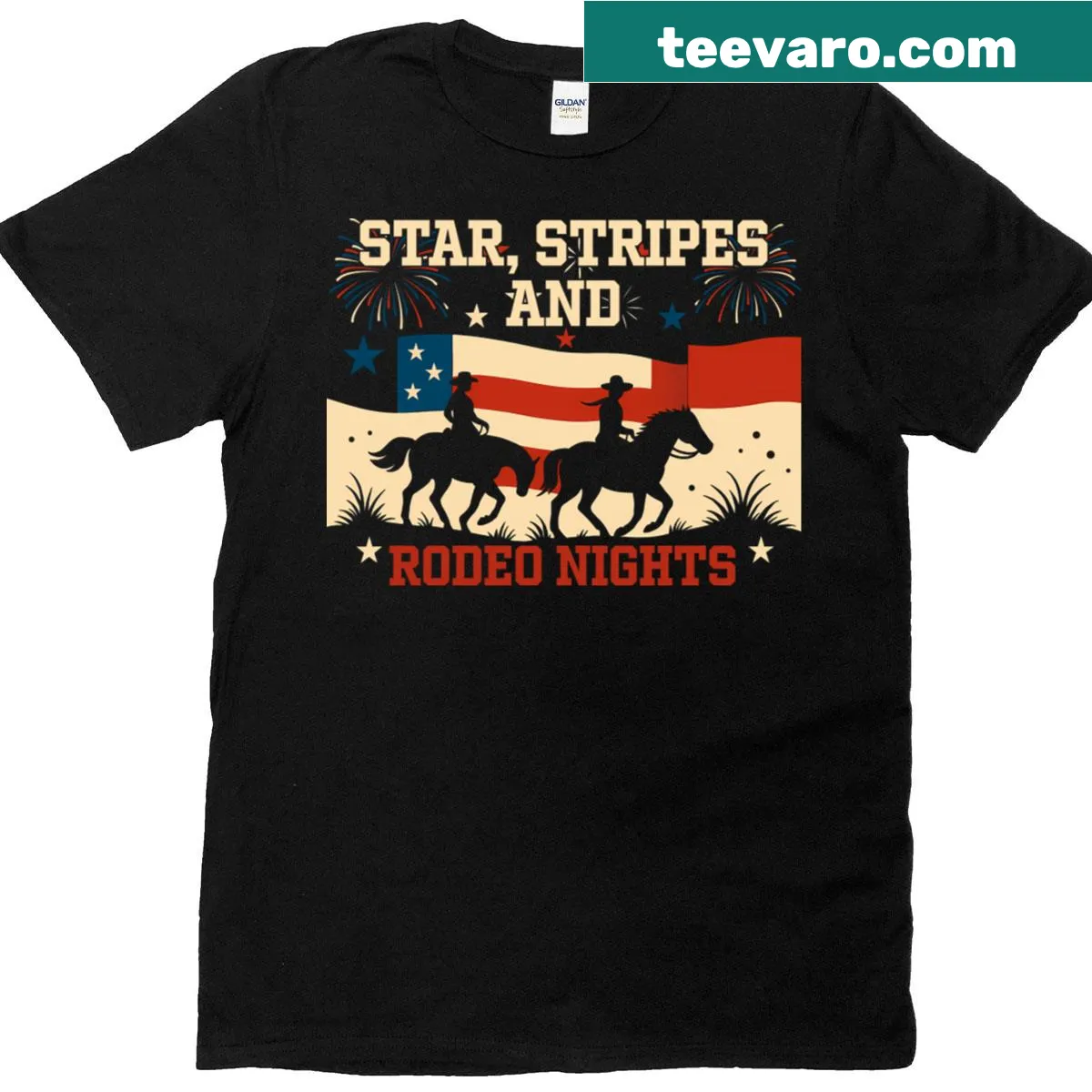 Illustration featuring stars, stripes, and rodeo imagery on a T-shirt — on a men's t-shirt