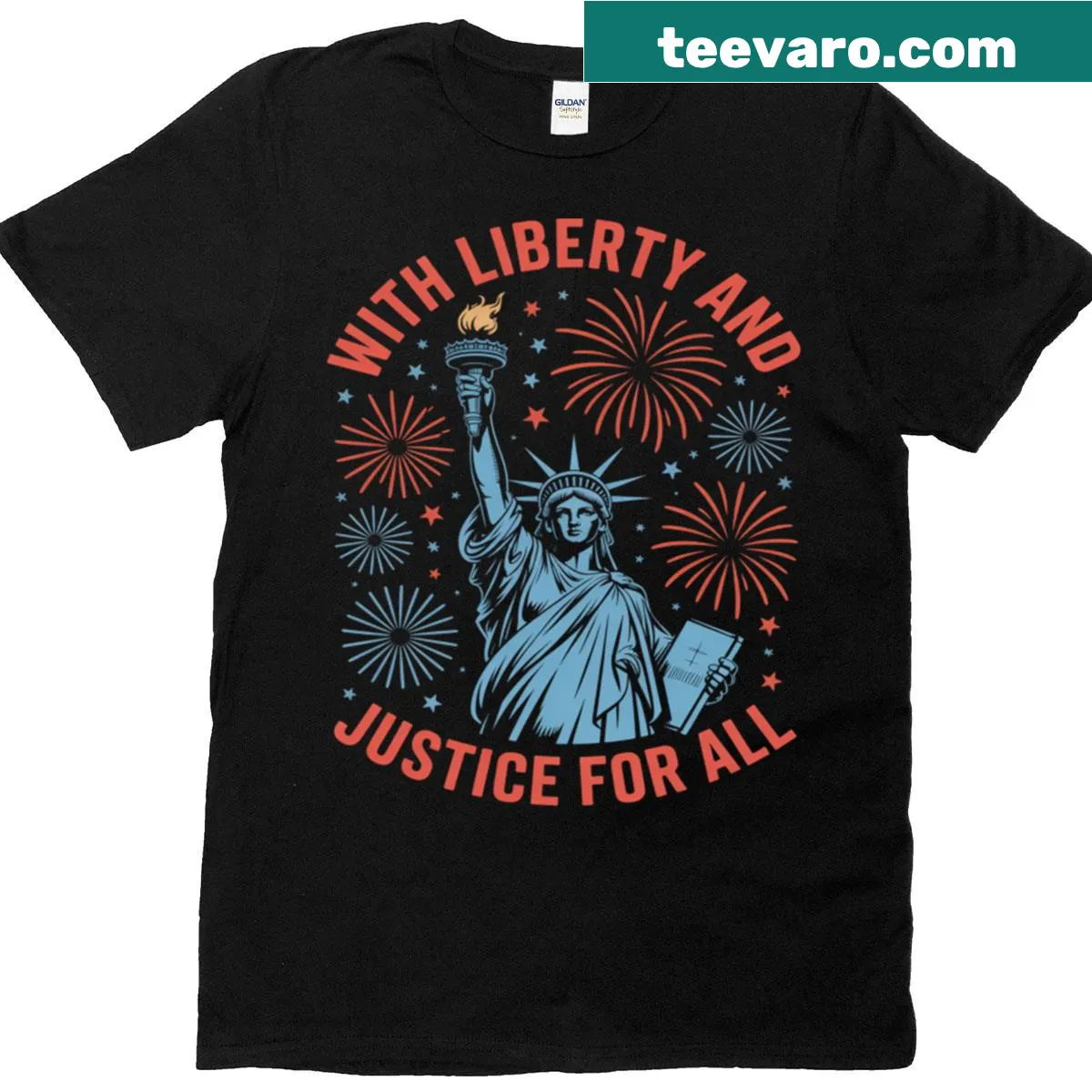 Statue of Liberty T-shirt with the phrase 'Liberty and Justice for All' — on a men's t-shirt