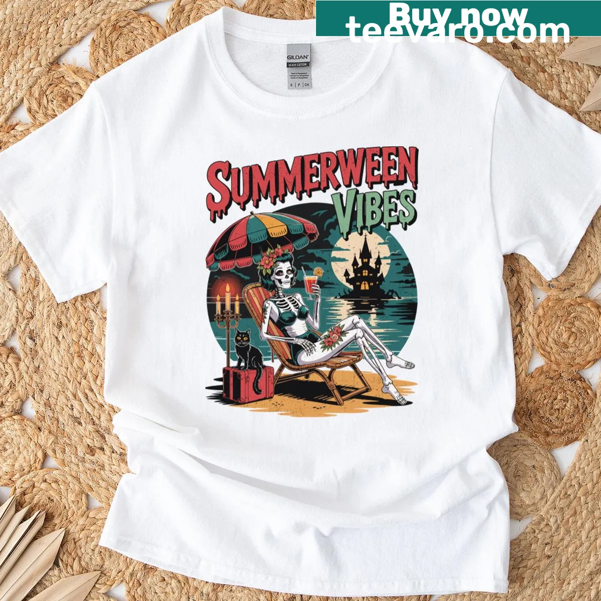 Summerween themed t-shirt with skeletons — on a men's t-shirt