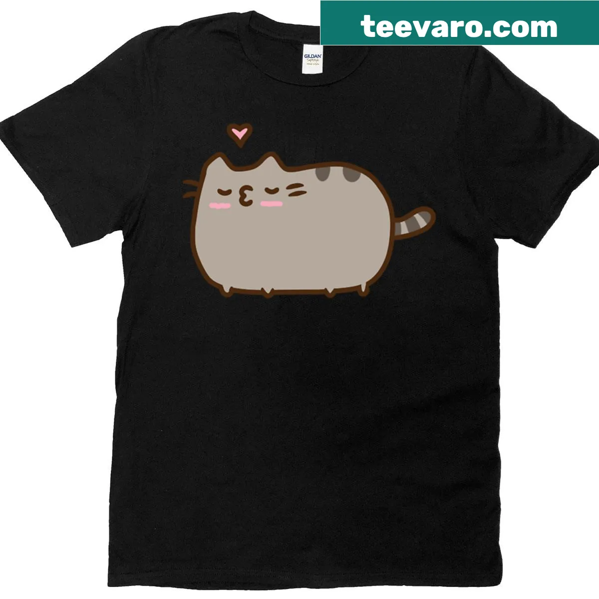 Pusheen cartoon T-shirt featuring kisses and a message to spread love. — on a men's t-shirt