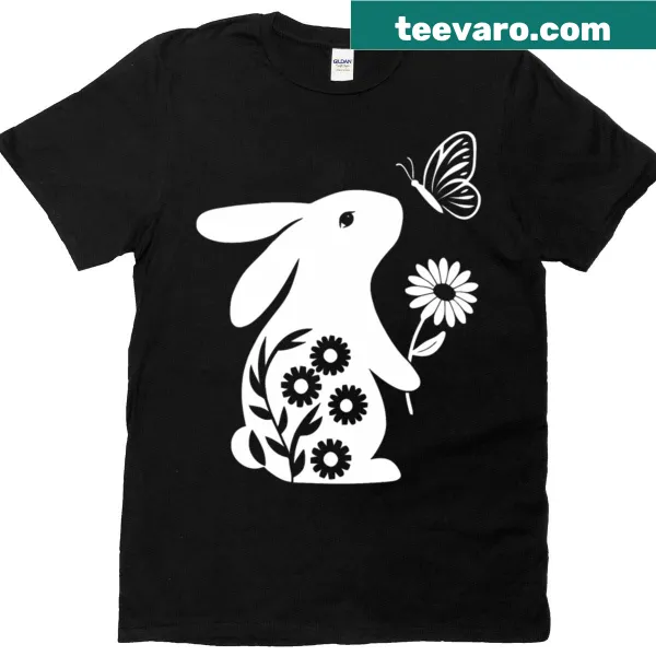 Illustration of a rabbit holding a daisy with a butterfly on a T-shirt.