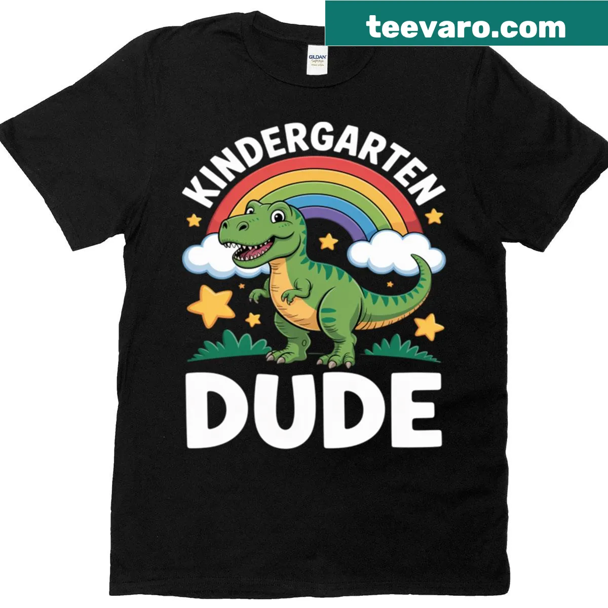 Illustration of a friendly T-rex dinosaur for kids — on a men's t-shirt