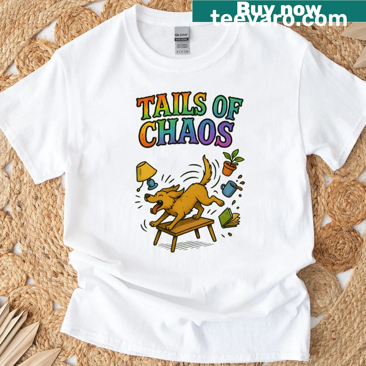 Playful illustration of swirling cartoon tails on an oversized t-shirt — on a men's t-shirt