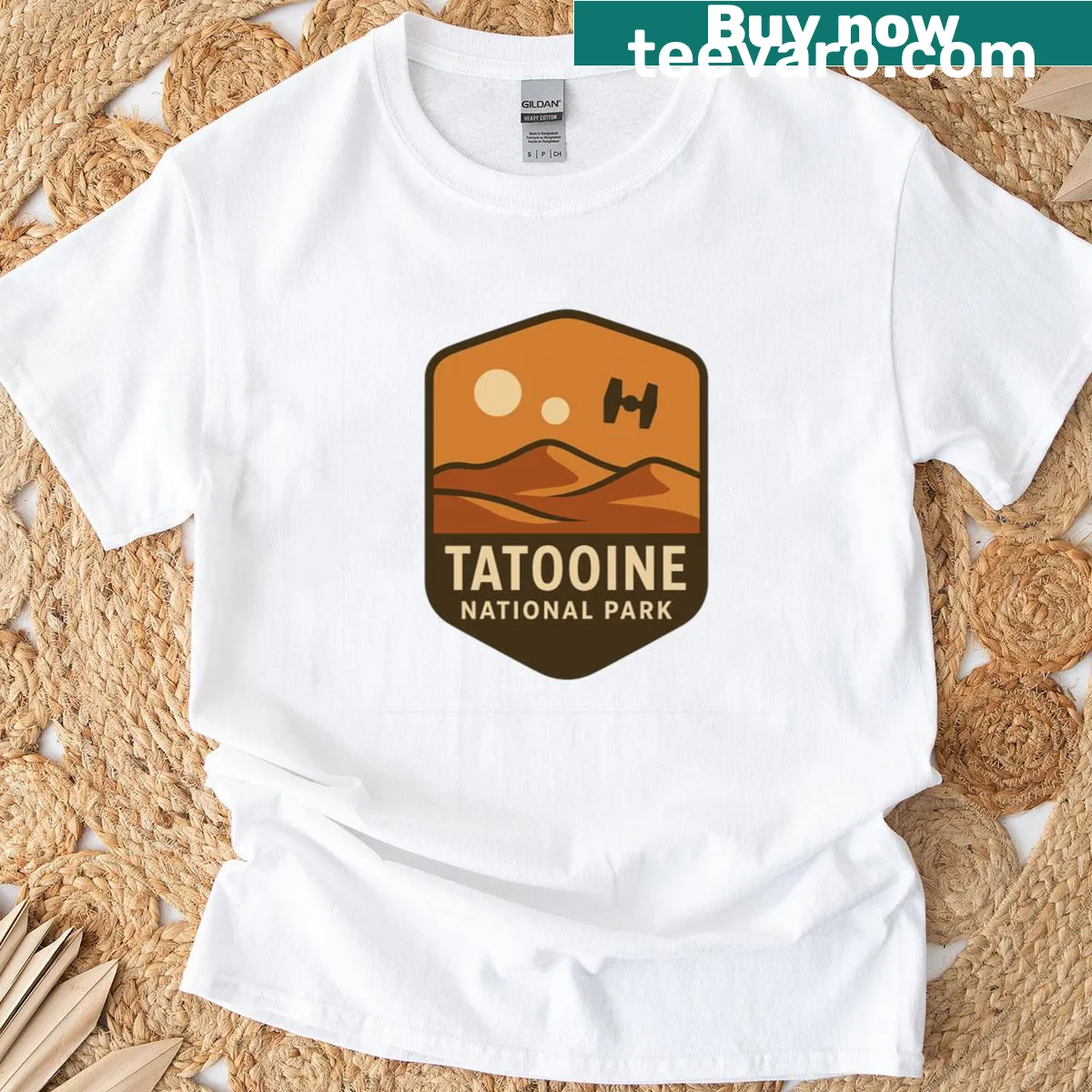 Tatooine National Park t-shirt featuring desert landscape and twin suns — on a men's t-shirt