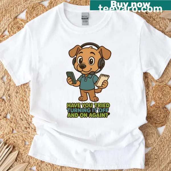 Cartoon dog helpdesk t-shirt with tech support humor