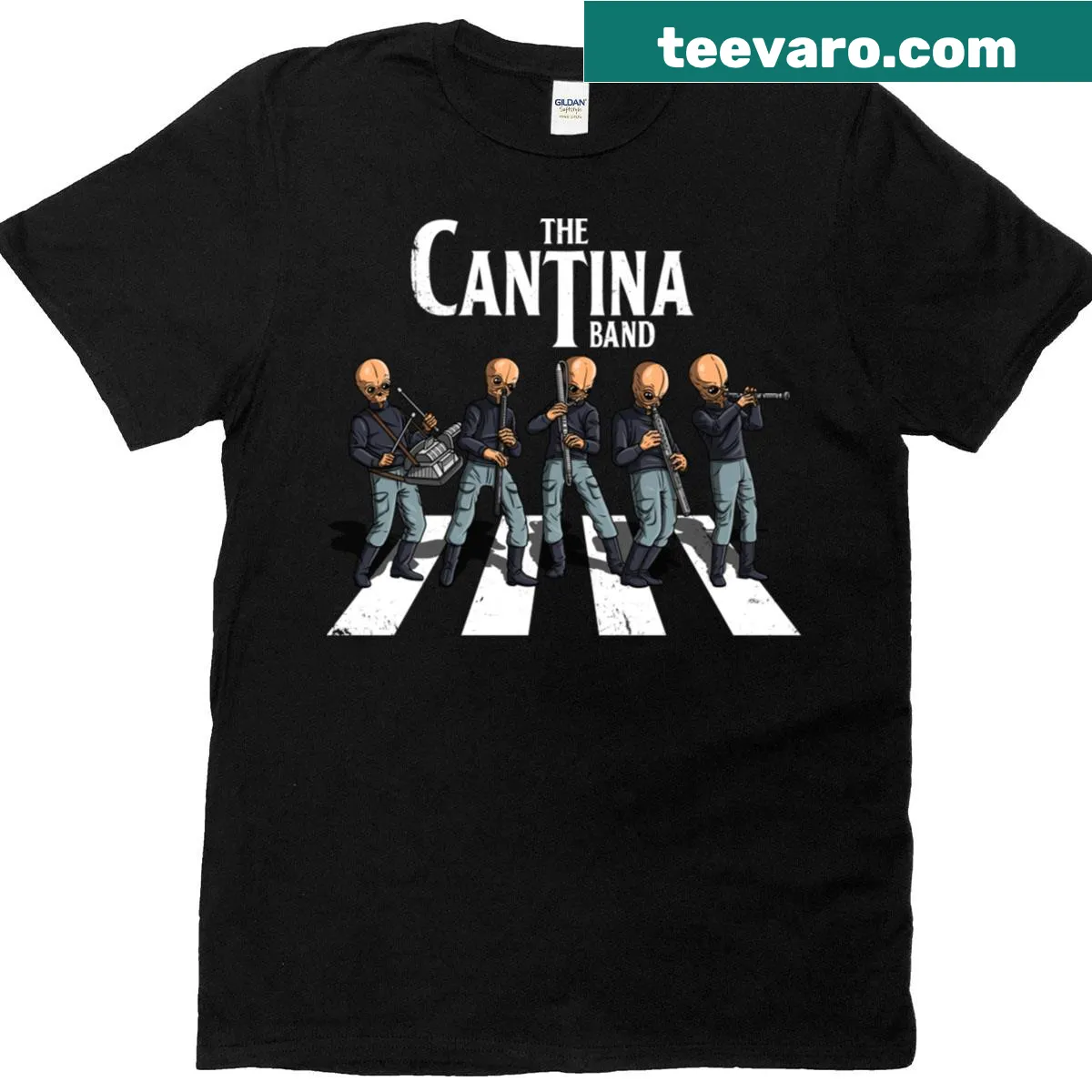 Whimsical graphic of the Cantina Band on a t-shirt — on a men's t-shirt