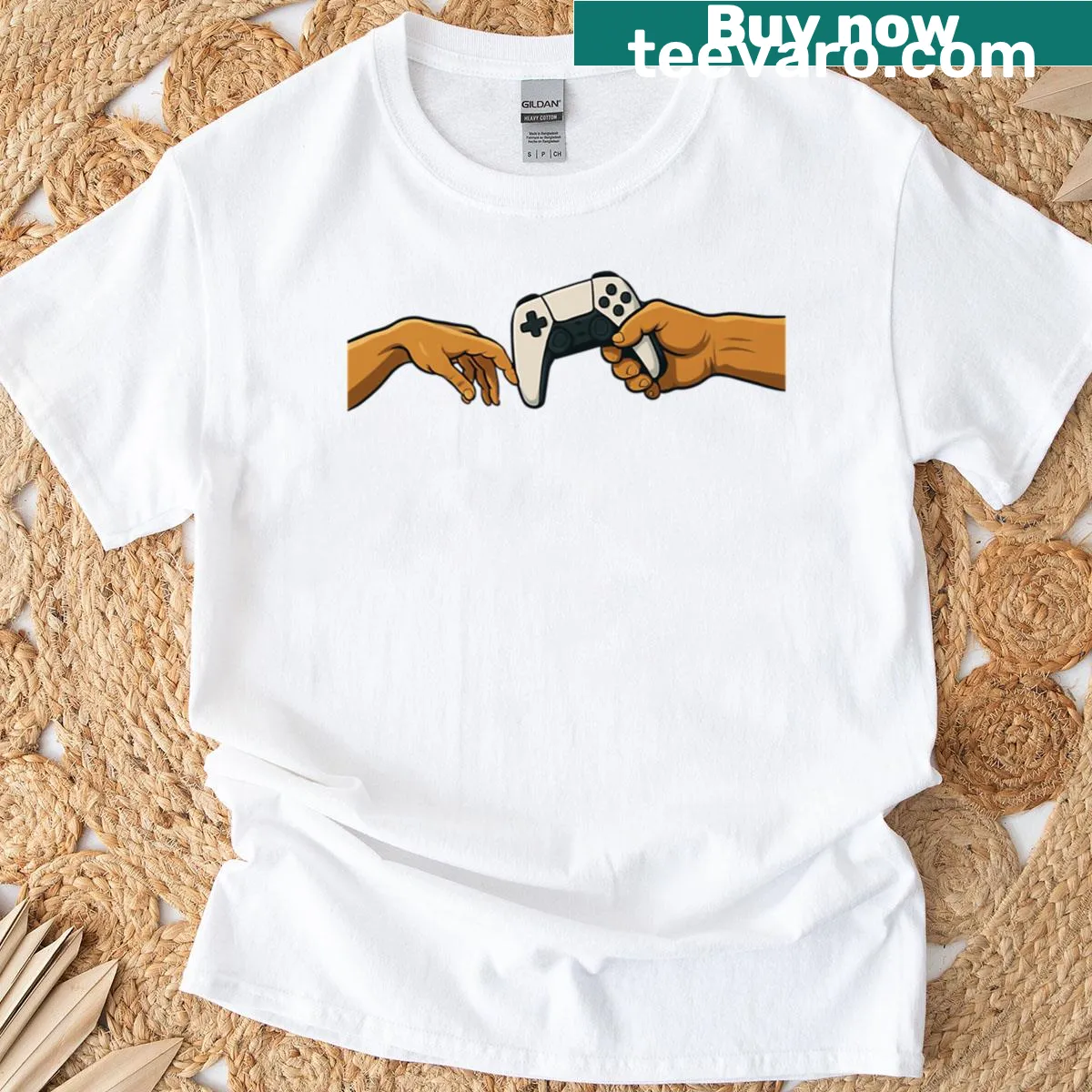 Whimsical illustration of Gamer Adam on a gaming-themed t-shirt — on a men's t-shirt