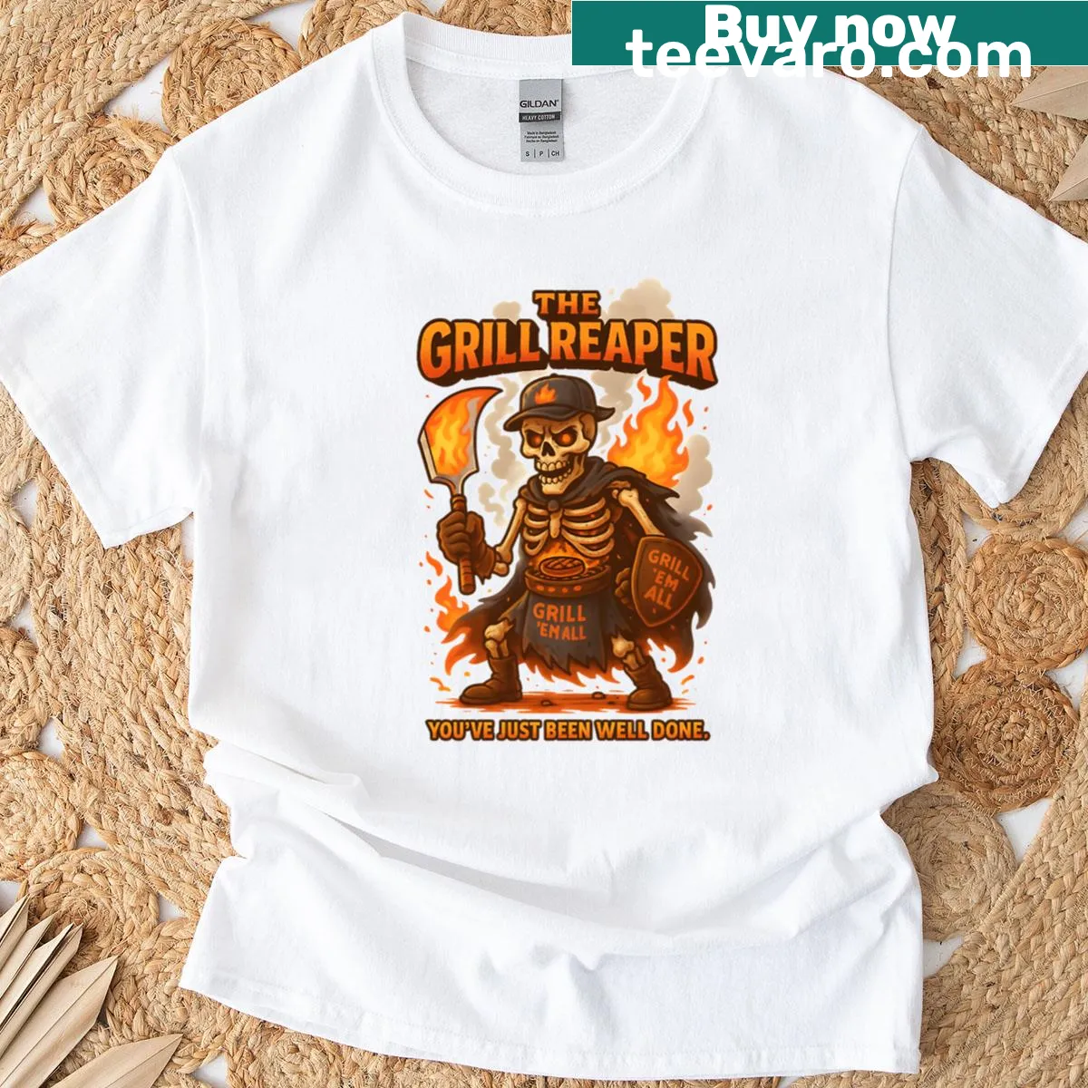 Funny T-shirt featuring a skeleton BBQ boss with a humorous design — on a men's t-shirt