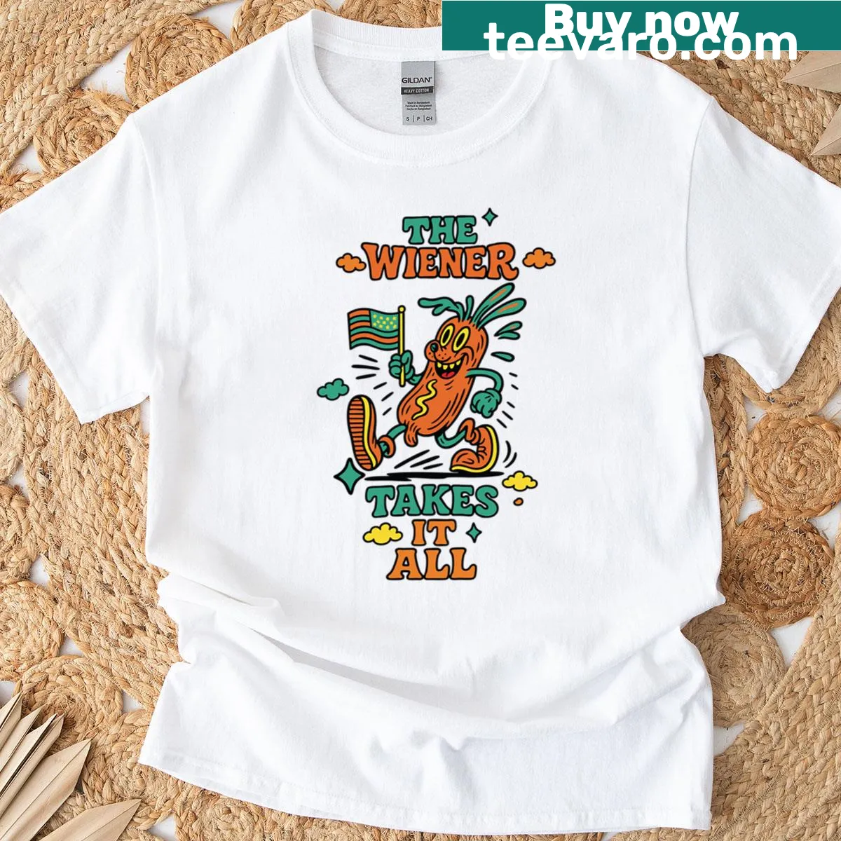 Funny hot dog themed T-shirt for Fourth of July — on a men's t-shirt