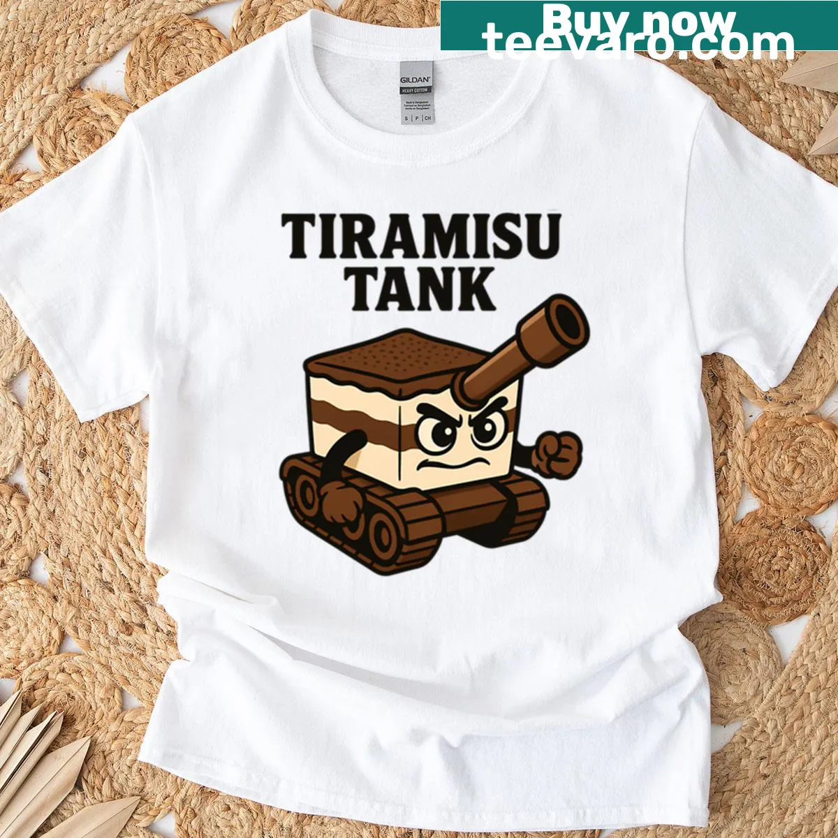 Funny T-shirt featuring a Tiramisu tank meme illustration — on a men's t-shirt