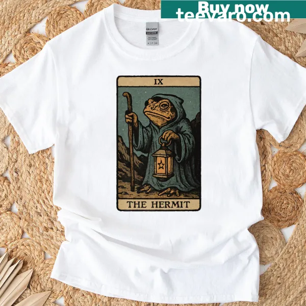 Illustrated T-shirt featuring a toad tarot card design