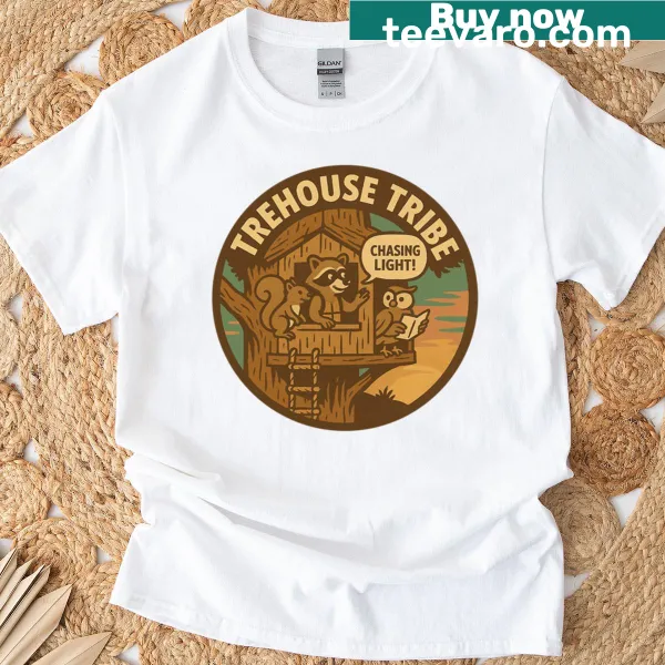Illustrative t-shirt featuring raccoon, squirrel, and owl designs