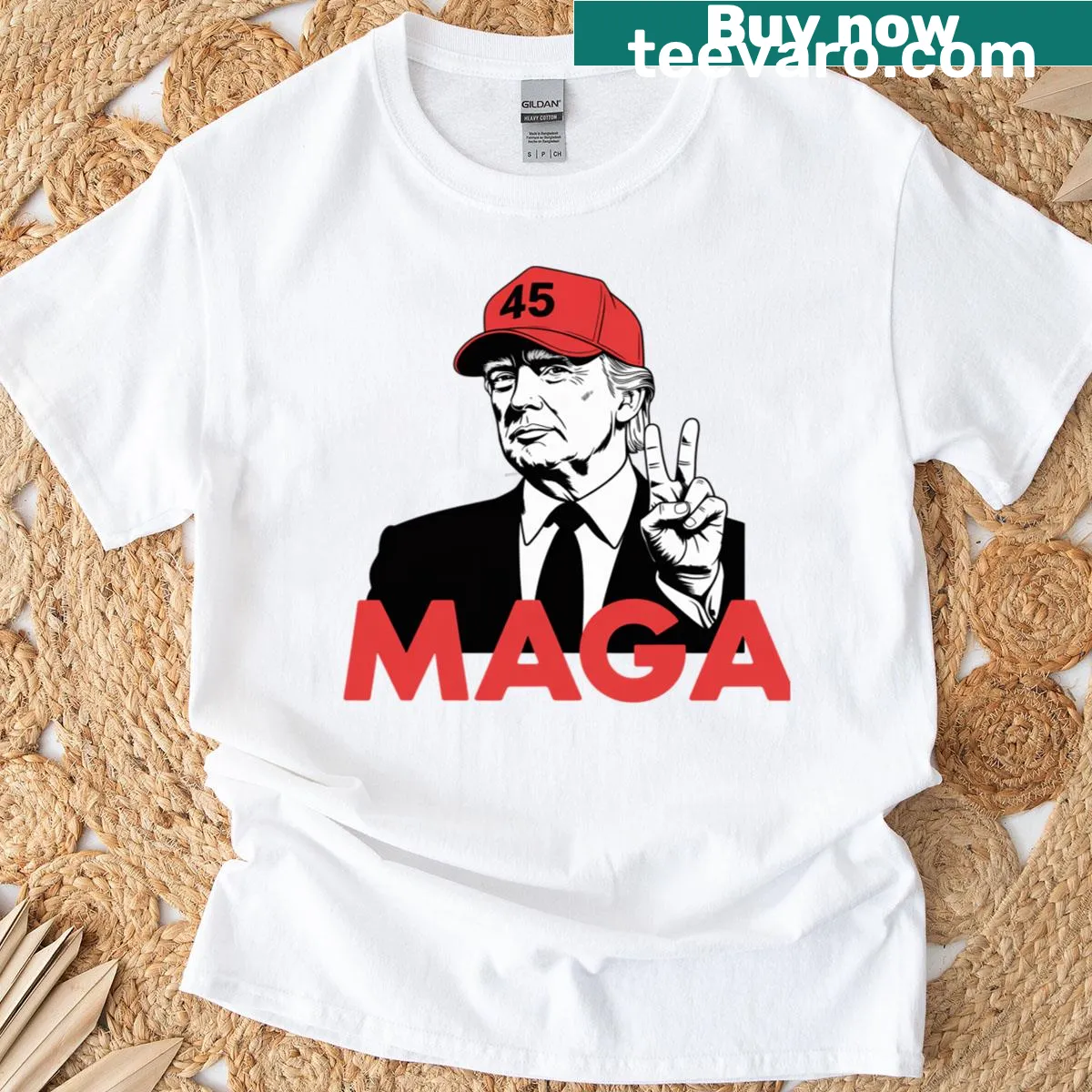 MAGA Peace Sign Donald Trump T-shirt with playful design and typography — on a men's t-shirt
