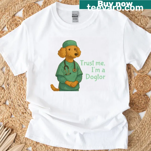 Funny poodle in scrubs on a T-shirt for dog lovers