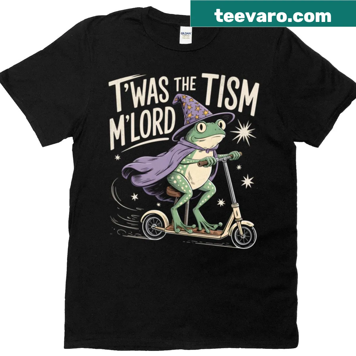 T-shirt featuring a whimsical wizard frog illustration — on a men's t-shirt
