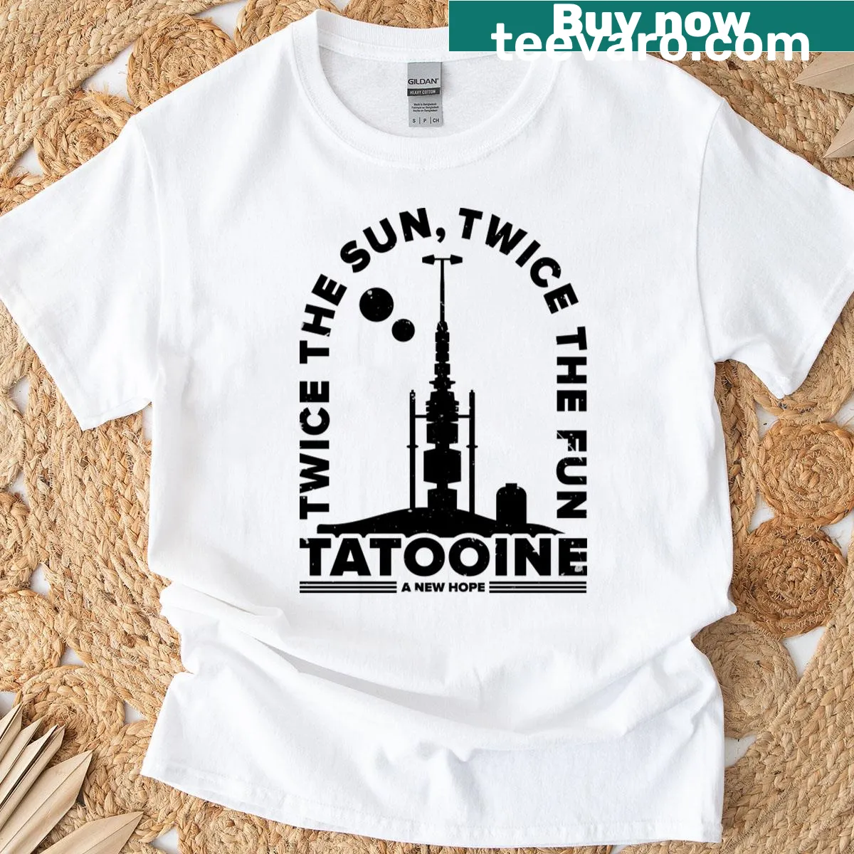 Whimsical T-shirt featuring two suns and cartoonish design — on a men's t-shirt
