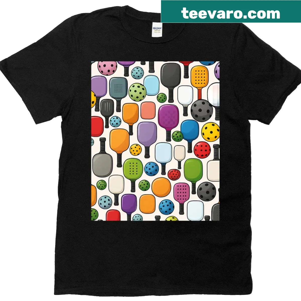 T-shirt with a fun pattern of pickleball paddles and balls — on a men's t-shirt