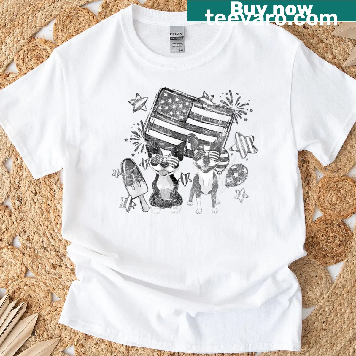 Vintage Boston Terrier t-shirt featuring a dog in patriotic attire — on a men's t-shirt