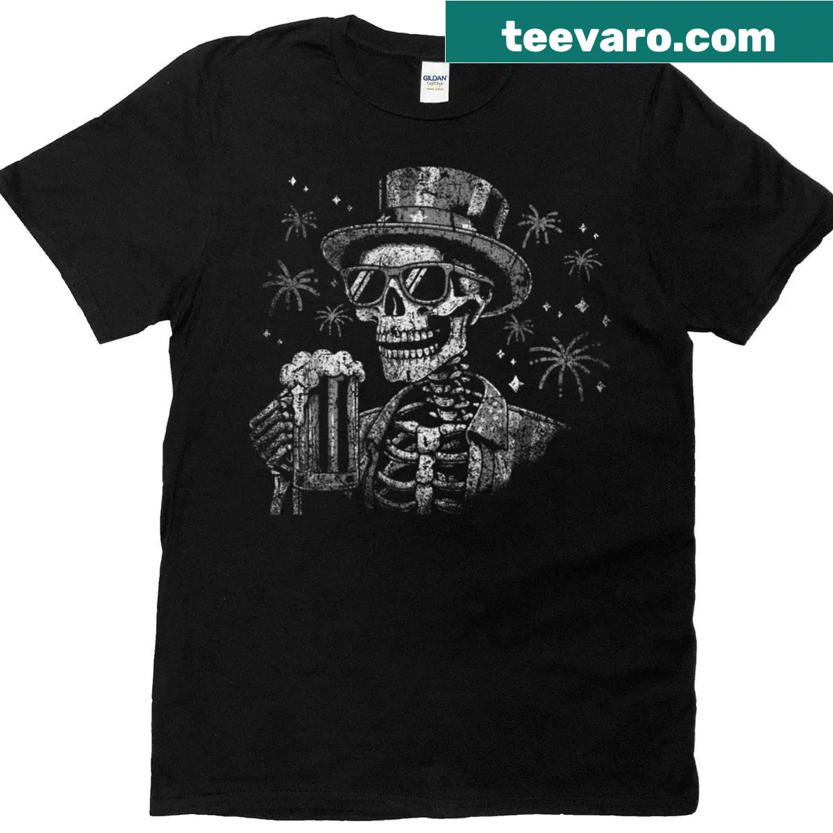 Vintage 4th of July t-shirt featuring a patriotic skeleton design — on a men's t-shirt