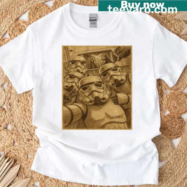 Humorous vintage stormtrooper selfie graphic on a t-shirt