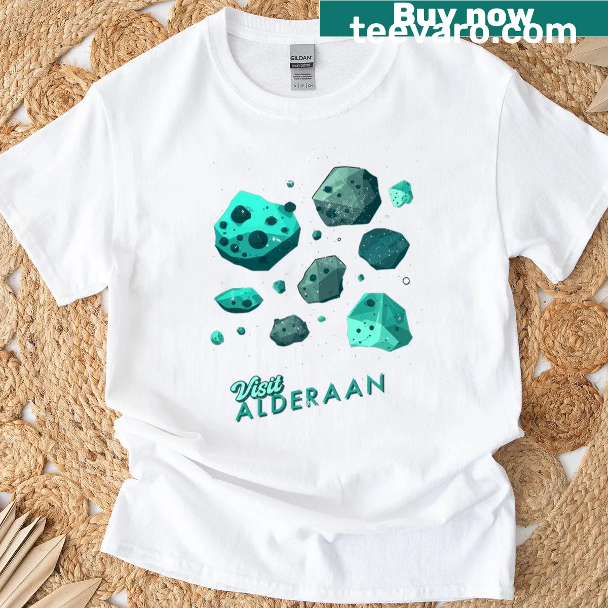 Illustrated T-shirt saying Visit Alderaan It's A Blast with playful designs. — on a men's t-shirt