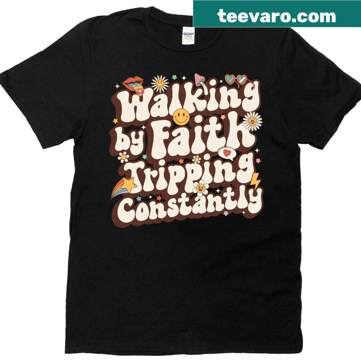 Inspirational T-shirt with 'Walking By Faith Tripping Constantly' text — on a men's t-shirt