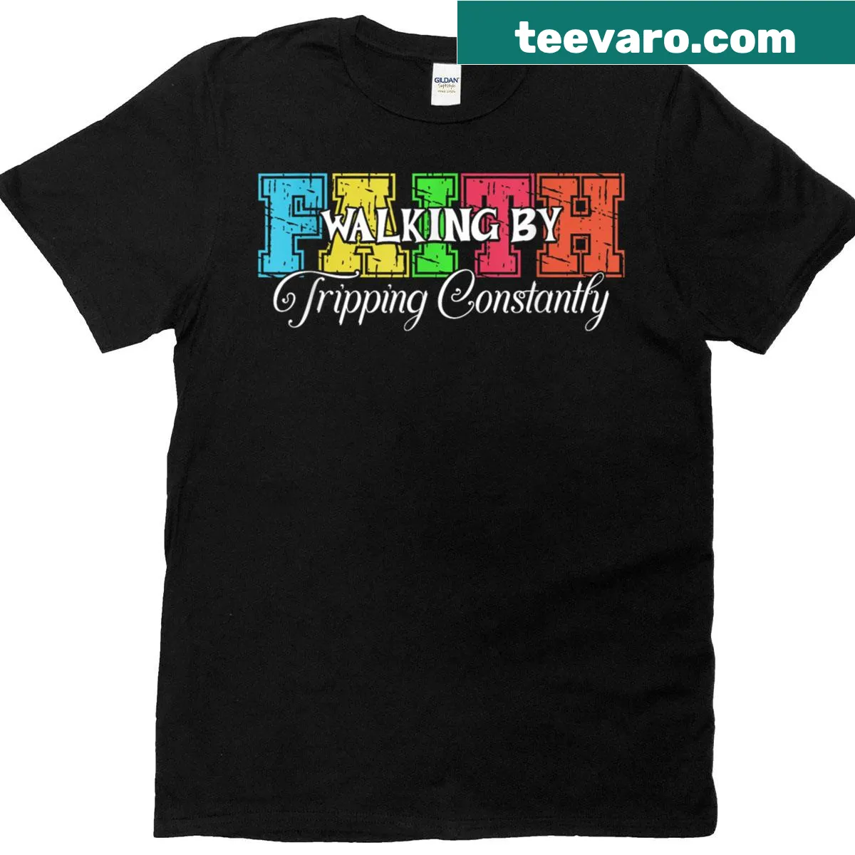 Christian T-shirt with 'Walking By Faith Tripping Constantly' and cross design — on a men's t-shirt