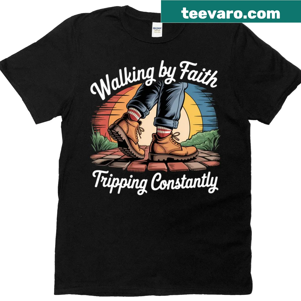 Funny Christian t-shirt with humorous faith graphic — on a men's t-shirt