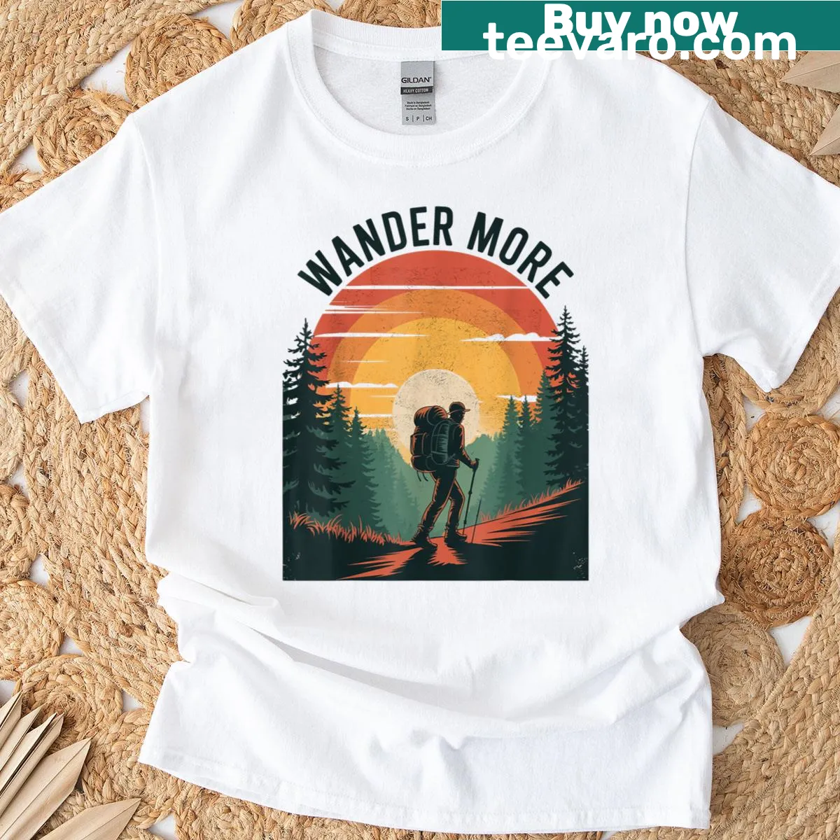 Retro graphic of a sunset and hiking theme on a T-shirt — on a men's t-shirt