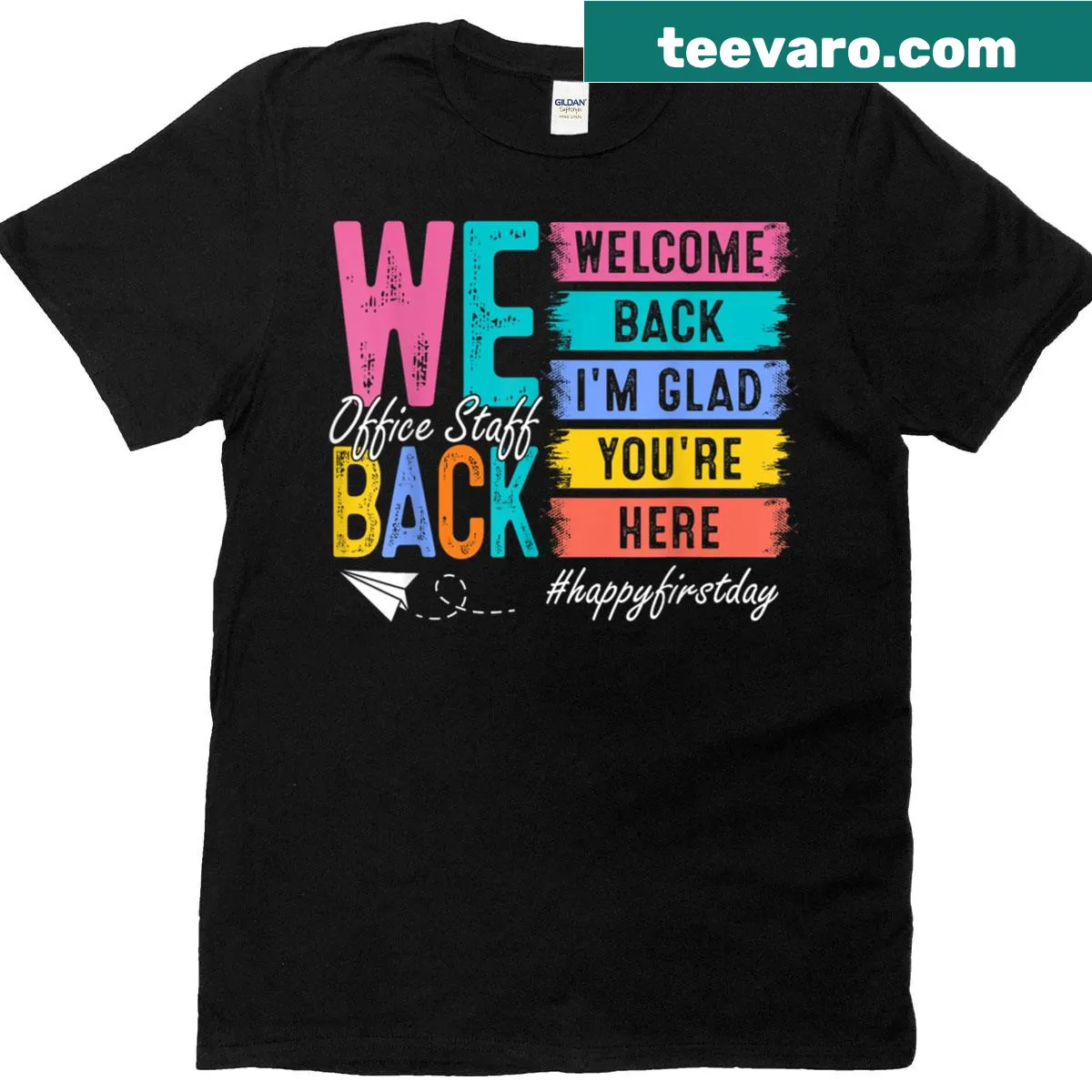 Friendly office staff t-shirt for back-to-school with welcoming text — on a men's t-shirt