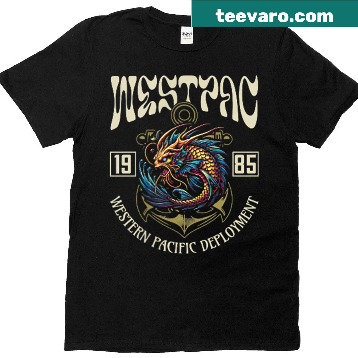 Typography t-shirt commemorating Westpac deployment in 1985 — on a men's t-shirt