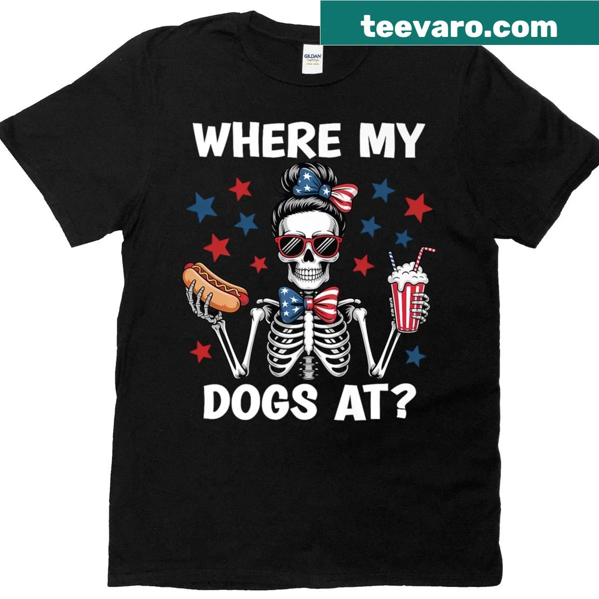 Where My Dogs At T-shirt featuring a wiener dog and American flag. — on a men's t-shirt