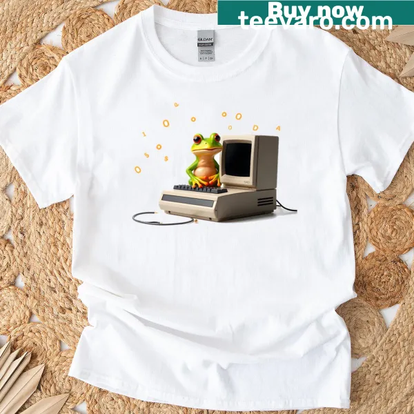 Frog with a retro computer and floating code in a whimsical design