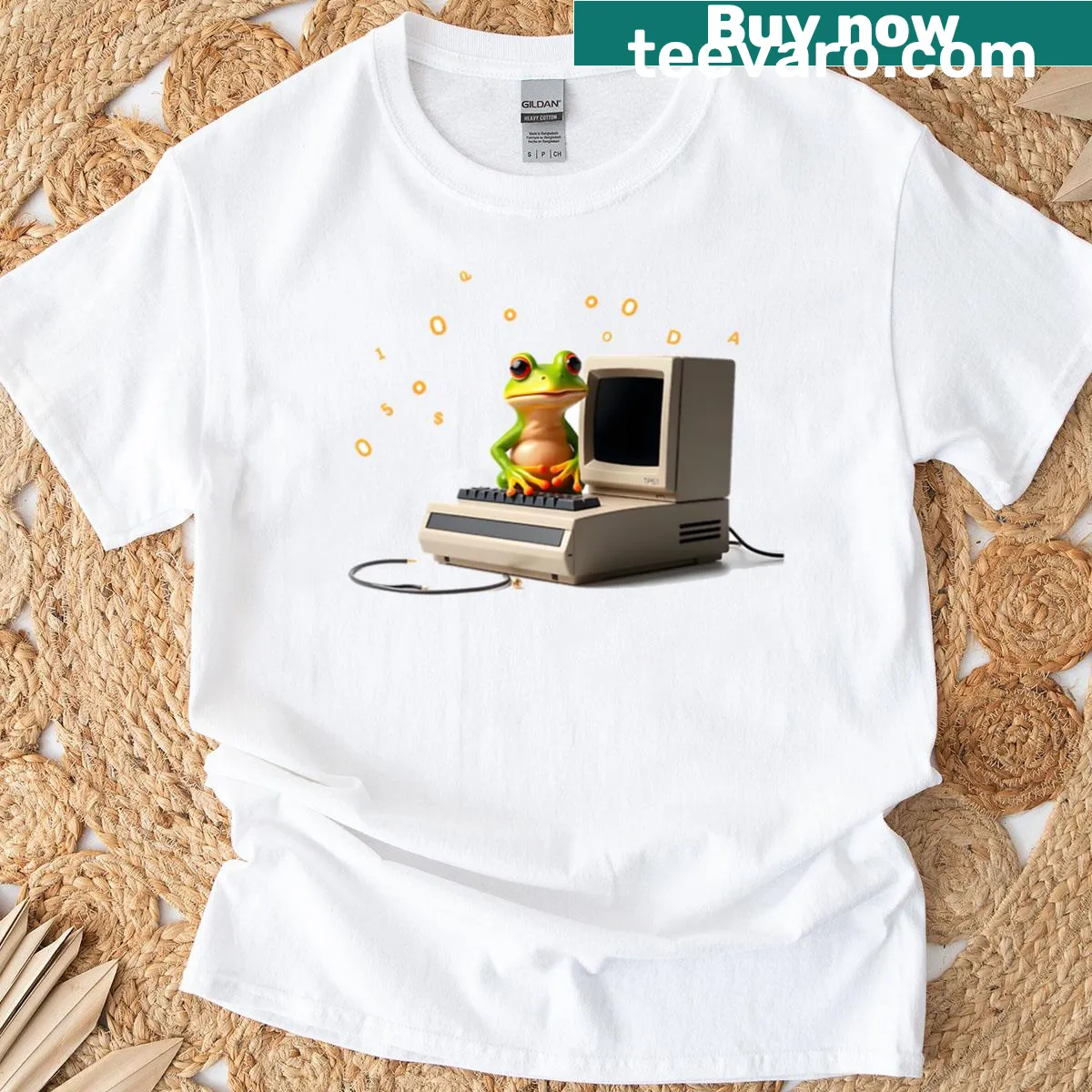 Frog with a retro computer and floating code in a whimsical design — on a men's t-shirt