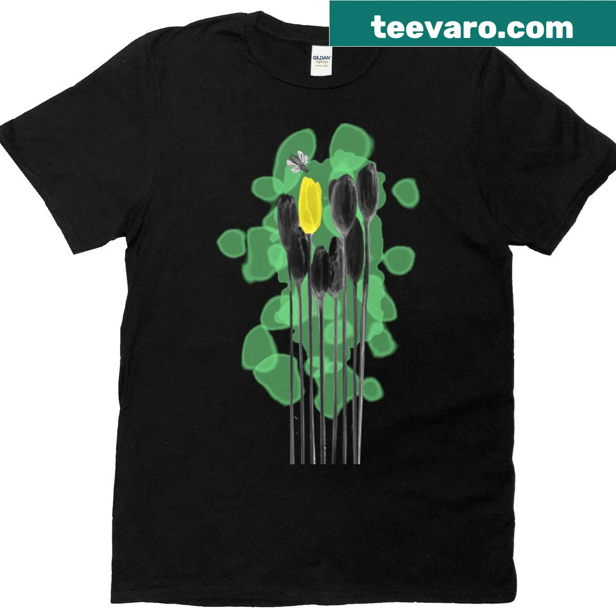Illustration of white tulips, one yellow tulip, and a bee on a t-shirt — on a men's t-shirt