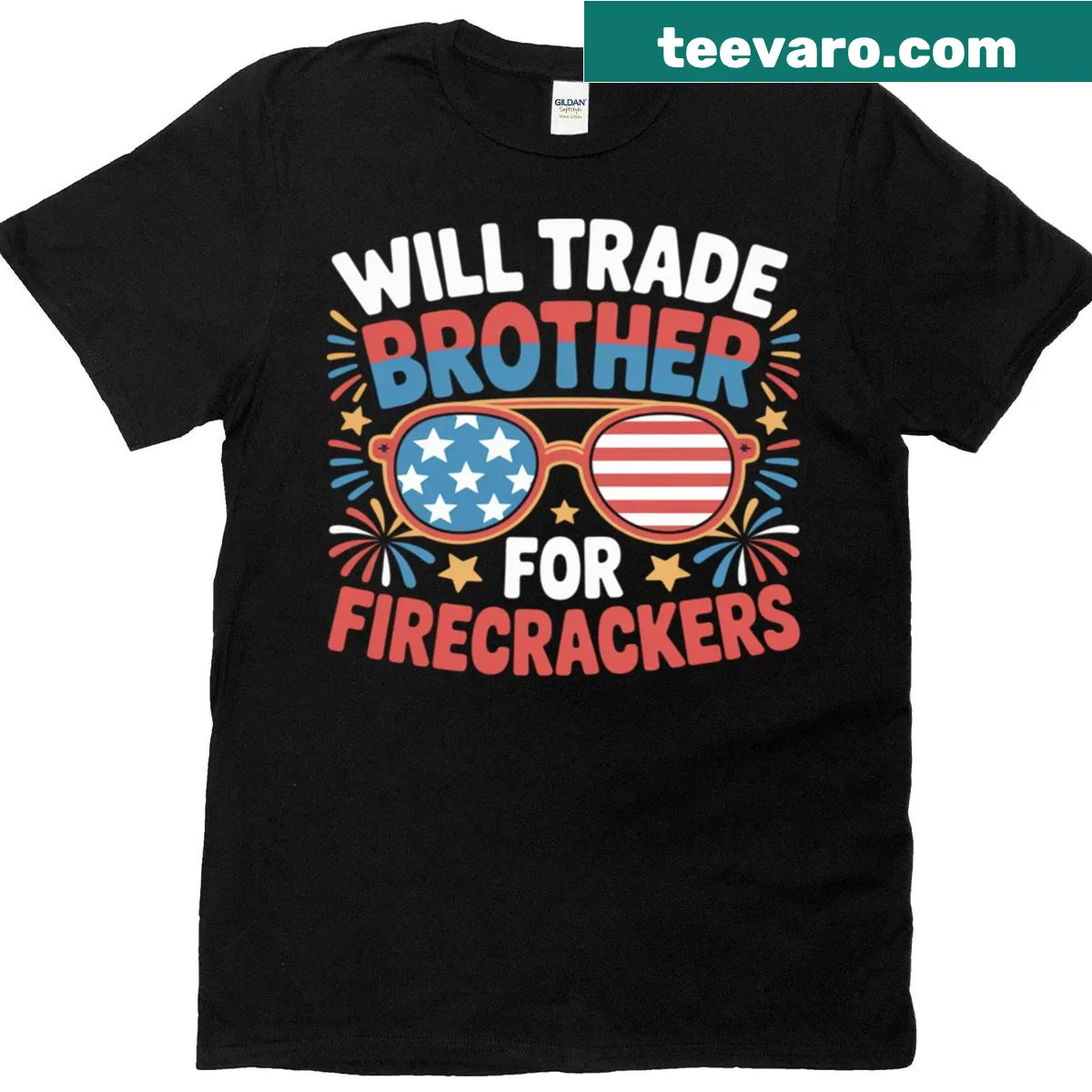 Humorous kids' T-shirt with 'Will Trade Brother For Firecrackers' text for Fourth of July — on a men's t-shirt