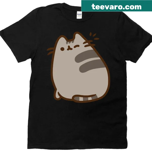 Whimsical Pusheen graphic T-shirt with a winking cat illustration