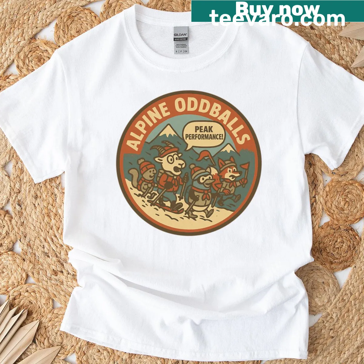 Oversized T-shirt showcasing winter sports athletes on a mountain — on a men's t-shirt